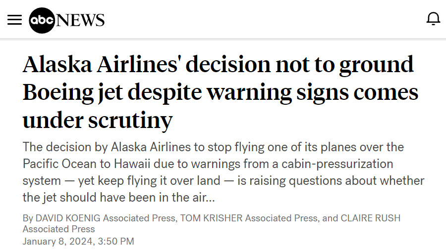 Image : ABC News (Associated Press), 8 janvier 2024 : le NTSB enquête sur des signes avant-coureurs (Boeing, Alaska Airlines)