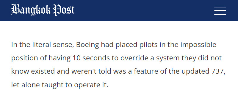 Image : Bangkok Post du 15 avril 2022 sur le documentaire Netflix concernant les crashs de Boeing 737 MAX (extrait)