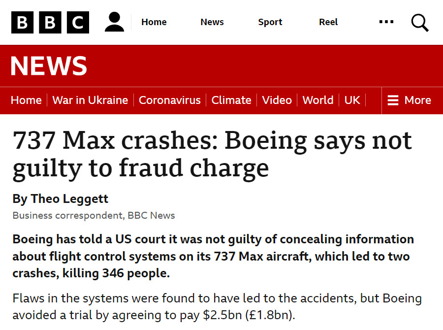 Image : BBC, 26 janvier 2023, sur une audience au tribunal au Texas concernant les crashs de Boeing 737 MAX
