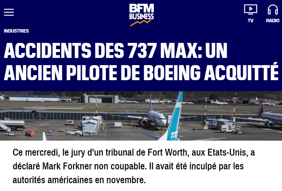 Image : BFMTV (AFP), 24 mars 2022, sur l'acquittement du pilote Mark Forkner (Boeing 737 MAX)