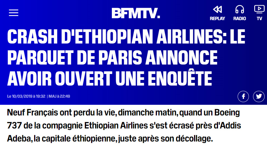 Image : BFMTV avec AFP, 10 mars 2019, sur le parquet de Paris qui ouvre une enquête sur le crash du Boeing 737 MAX en Ethiopie
