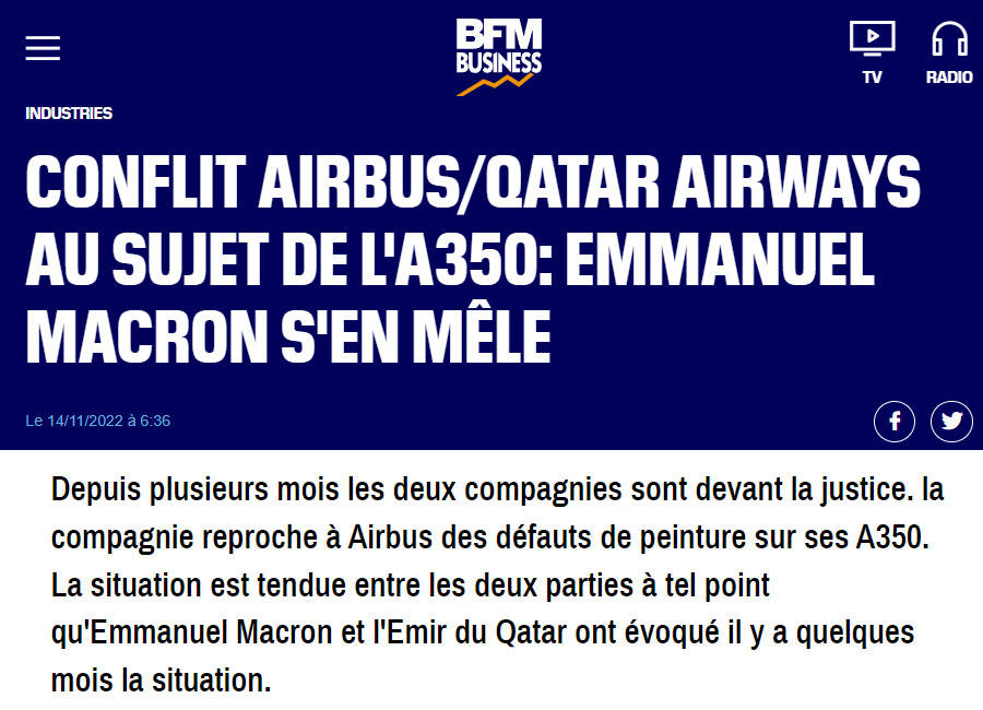 Image : BFMTV, 14 novembre 2022 : Macron intervient dans le conflit entre Airbus et Qatar Airways