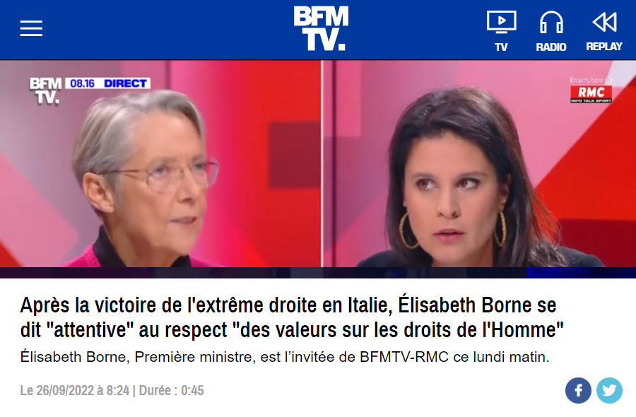 Image : BFMTV, 26 septembre 2022 : Elisabeth Borne attentive aux droits de l'Homme en Italie