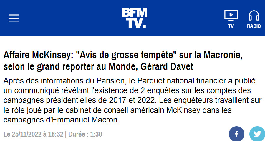 Image : BFMTV, 25 novembre 2022, affaire McKinsey : Gérard Davet (Le Monde) prédit « une grosse tempête sur la Macronie »