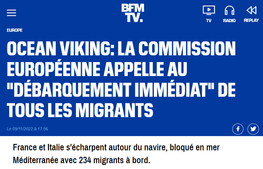 Image : BFMTV, 9 novembre 2022 : gestion des migrants par la France, l'UE et l'Italie