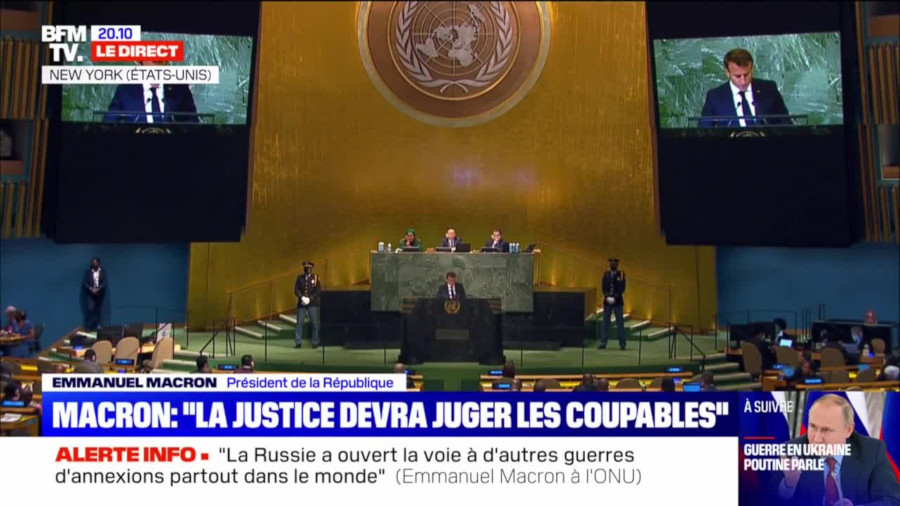 Image : BFMTV, 20 septembre 2022, Macron en direct de l'ONU : « la justice devra juger les coupables »