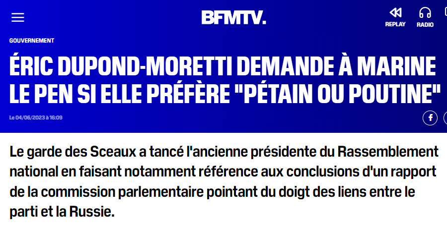 image : BFMTV avec vidéo, 4 juin 2023, sur Dupond-Moretti demandant à Le Pen si elle préfère Pétain ou Poutine