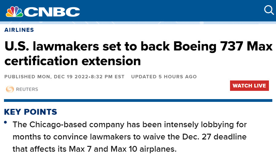Image : CNBC (dépêche Reuters) du 19 décembre 2022 sur la certification au Congrès du Boeing 737 MAX