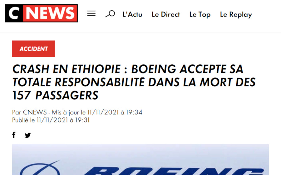 Image : CNews (origine AFP), 11 novembre 2021 : Boeing accepte sa totale responsabilité (crash du 737 MAX en Ethiopie)
