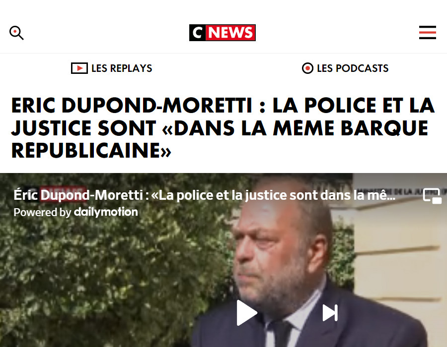 Image : CNews, 25 juillet 2022, interview de Dupond-Moretti : police et justice dans la même barque républicaine