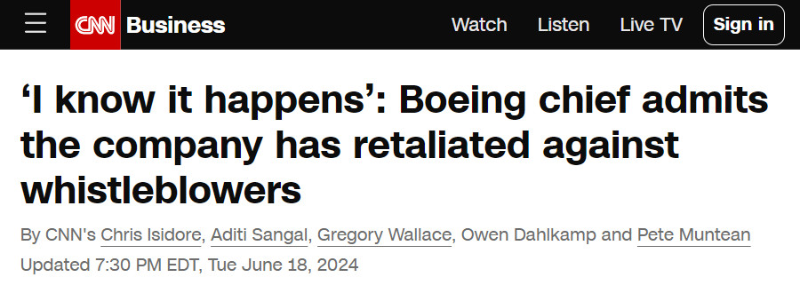 Image : CNN, 18 juin 2024 : au Sénat le patron de Boeing admet que l'avionneur a exercé des représailles contre des lanceurs d'alerte
