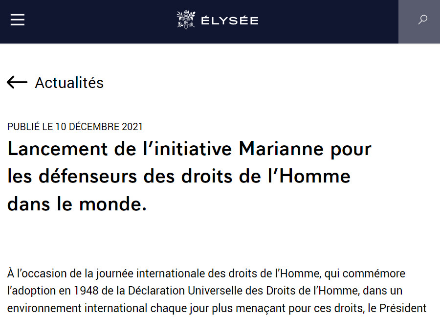 Image : communiqué de l'Elysée sur l'initiative Marianne, 10 décembre 2021