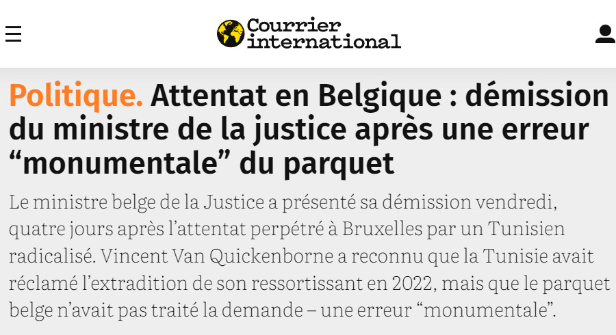 Image : Courrier international, 21 octobre 2023, sur la démission en Belgique du ministre de la Justice en raison d'une erreur d'un magistrat (deux morts)
