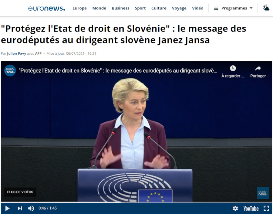 Image : Parlement européen, 6 juillet 2021 : von der Leyen s'adressant au Premier ministre Jansa