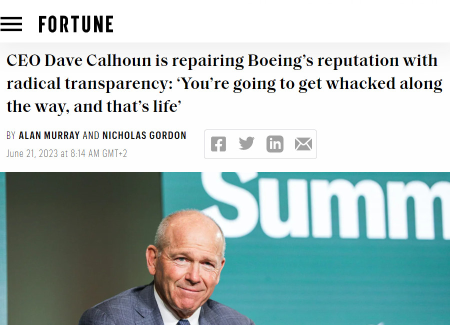 Image : Fortune Magazine (économie), 21 juin 2023 : interview de Dave Calhoun, CEO de Boeing