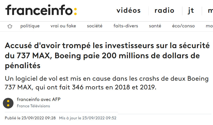 Image : France Info avec AFP, 23 septembre 2022 : accusé de tromperie sur la sécurité, Boeing paie des pénalités