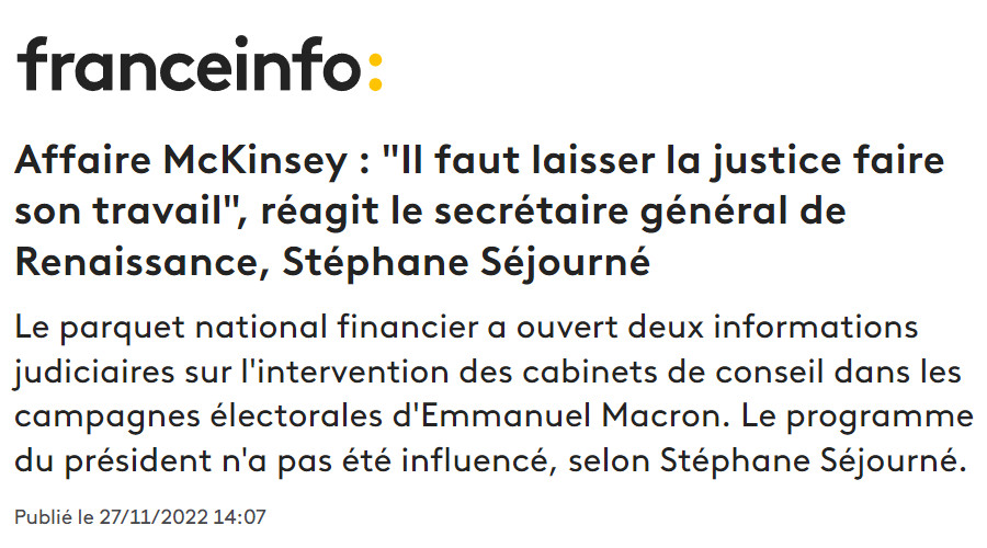 Image : France Info, 27 novembre 2022 : interview de Stéphane Séjourné sur l'affaire McKinsey et la justice