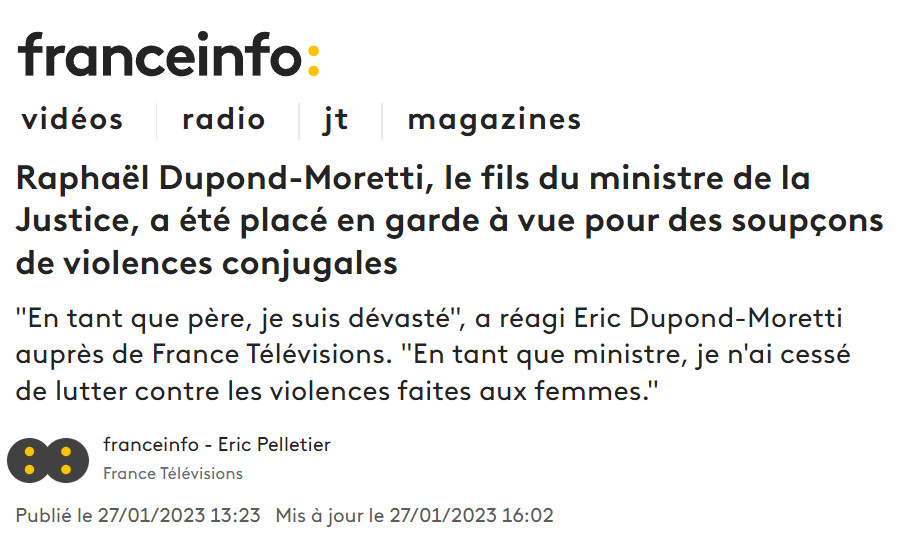 Image : France Info, 27 janvier 2023, sur le fils du ministre Dupond-Moretti en garde à vue