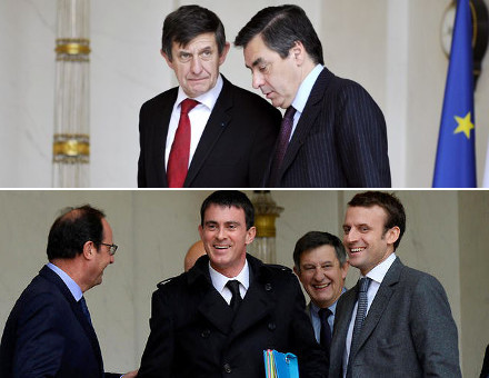 image : sur le perron de l'Elyse, Jouyet avec Fillon et avec Hollande, Valls et Macron