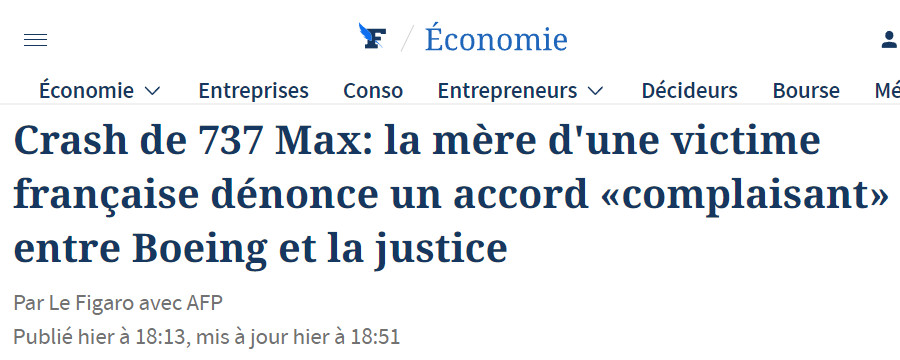 Image : Le Figaro avec AFP : crashs des 737 MAX : la mère d'une victime française dénonce un accord complaisant entre Boeing et la justice