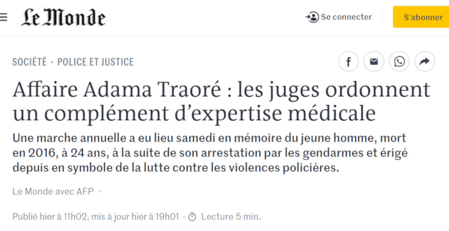 Image : Le Monde, 17 juillet 2021 : Adama Traoré, nouvelles expertises, sa famille, l'avocat Yassine Bouzrou...