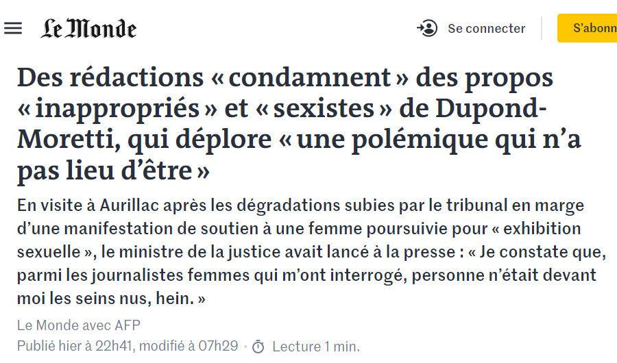 Image : Le Monde avec AFP, 29 août 2023 : des rédactions « condamnent » des propos « sexistes » de Dupond-Moretti