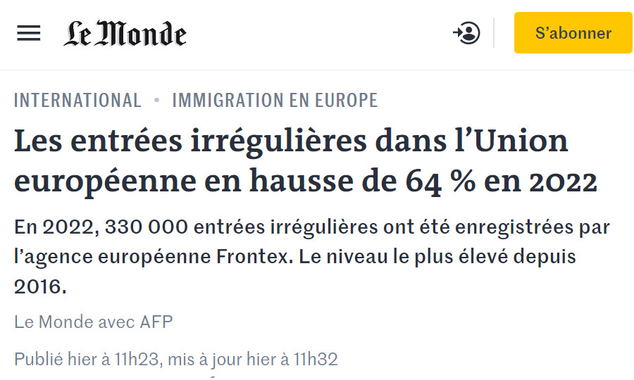 Image : Le Monde (avec AFP), 13 janvier 2023 : Frontex et les chiffres des entrées illégales dans l'UE