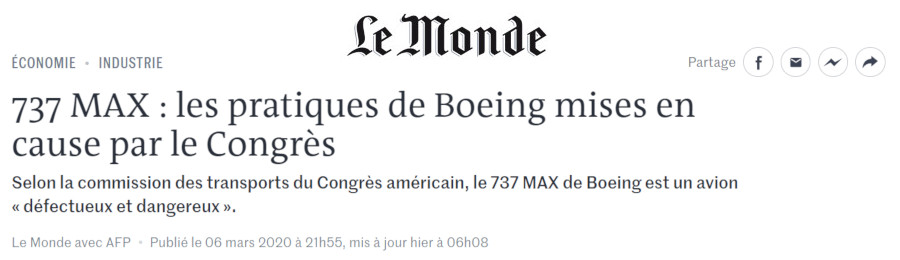 Image : Le Monde sur Boeing et le Congrès américain, 6 mars 2020