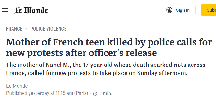 Image : "Le Monde", November 18, 2023. France : Mother of French teen killed by police calls for new protests after officer's release