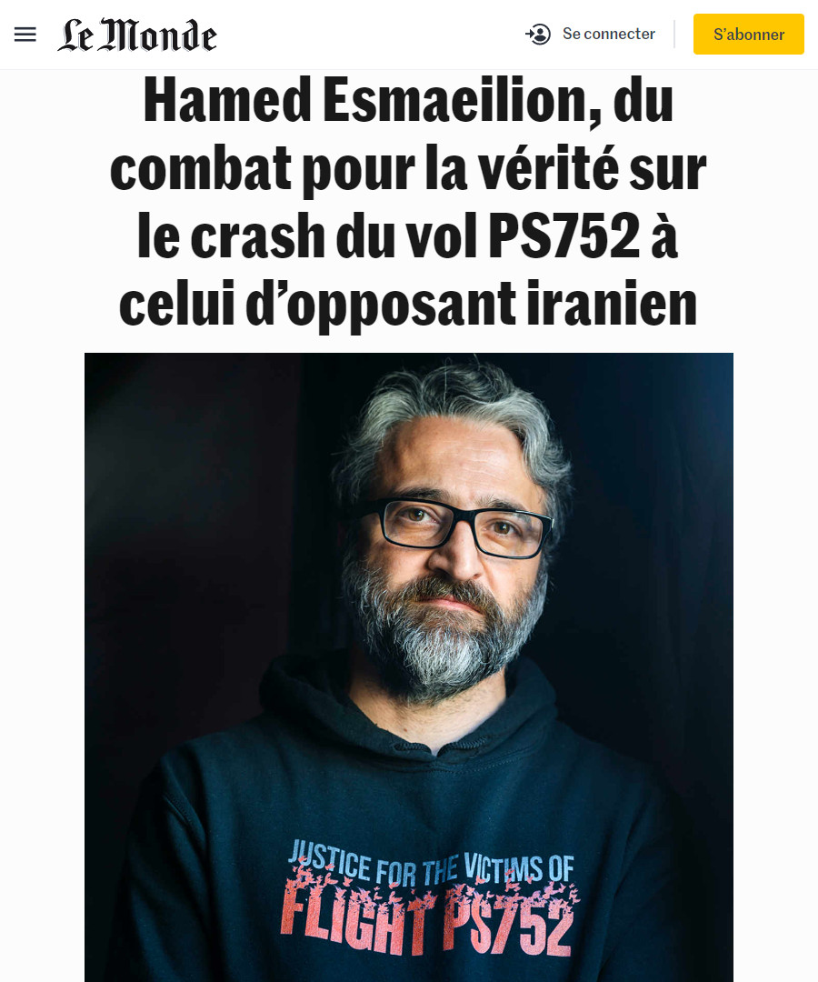 Image : Le Monde, 16 décembre 2022 : article sur Hamed Esmaeilion et le crash du vol PS752 en Iran