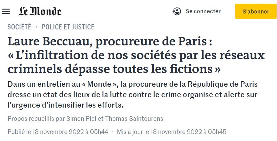 Image : Le Monde, 18 novembre 2022 : interview de Laure Beccuau, procureure de Paris, sur les réseaux criminels