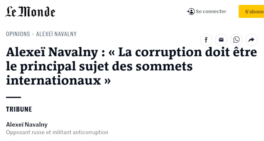 Image : Le Monde, 19 août 2021 : tribune de Navalny sur la corruption
