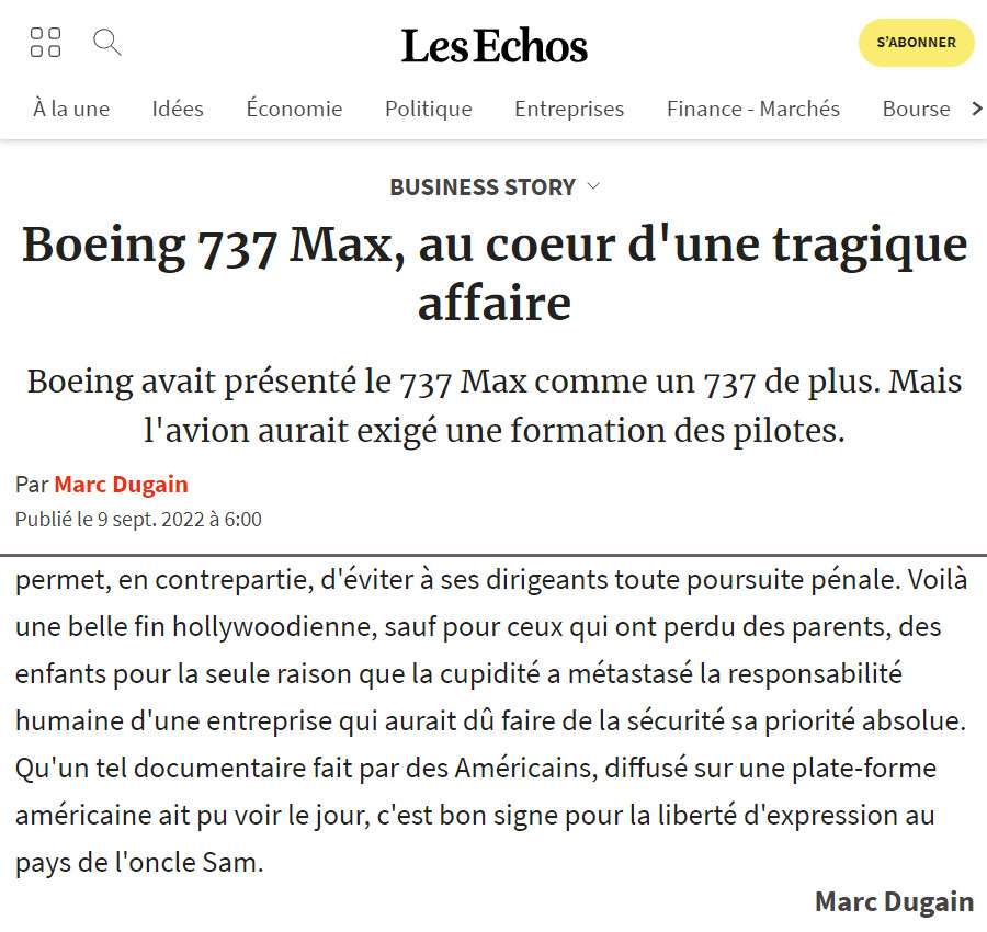 Image : Les Echos, 9 septembre 2022, conclusion d'un article de Marc Dugain sur le documentaire Netflix «Downfall : l'affaire Boeing»