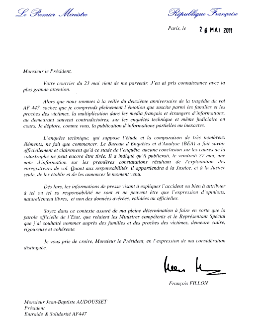 Lettre signée Fillon du 26 mai 2011