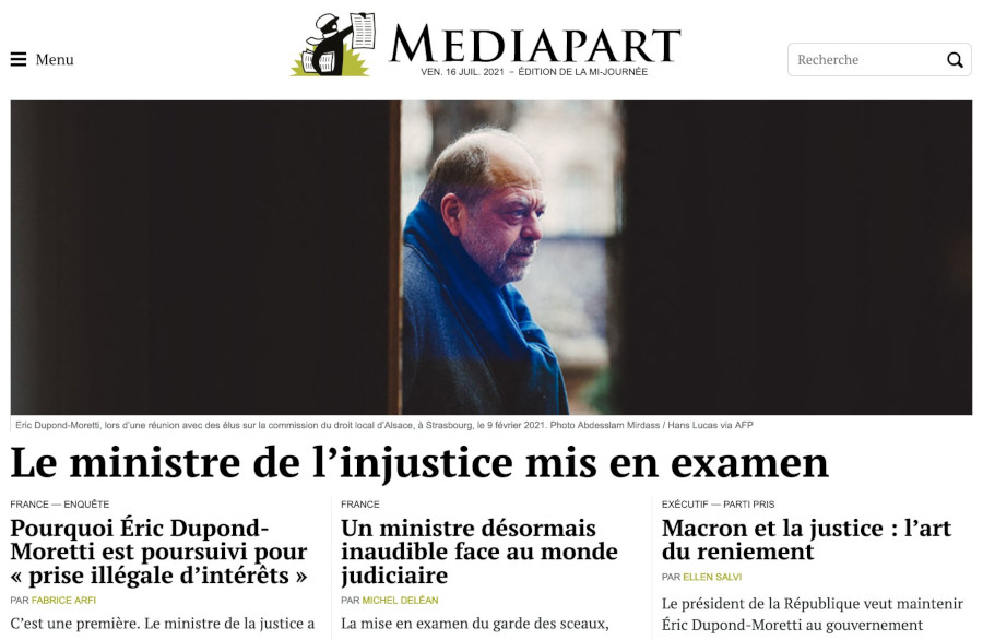 Image : Mediapart, 16 juillet 2021 : Dupond-Moretti mis en examen par la cour de justice de la République