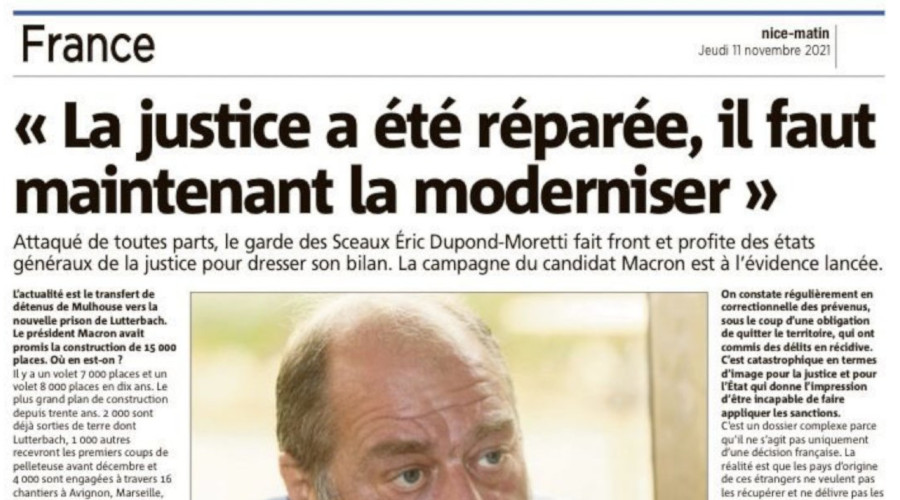 Image : Nice-Matin, 11 novembre 2021 : interview de Dupond-Moretti sur la justice "réparée" (titre)