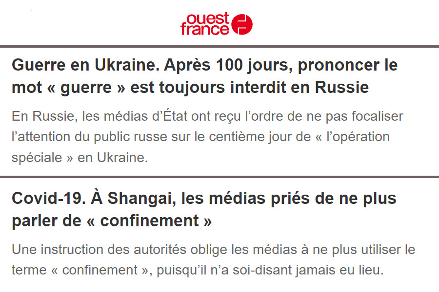 Image : Deux articles de Ouest-France du 3 juin 2022 sur les médias en Russie et en Chine
