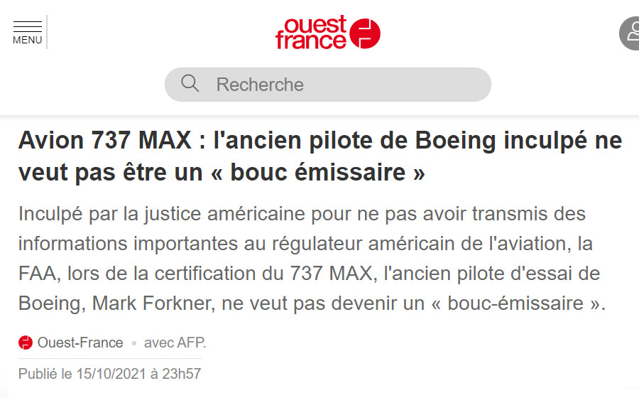 Image : 737 MAX : inculpation de Mark Forkner, pilote Boeing (France 24, 15 octobre 2021)