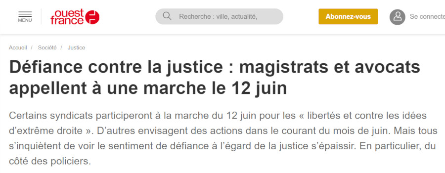 Image : Ouest-France, 27 mai 2021 : des syndicats de magistrats annoncent qu'ils vont manifester