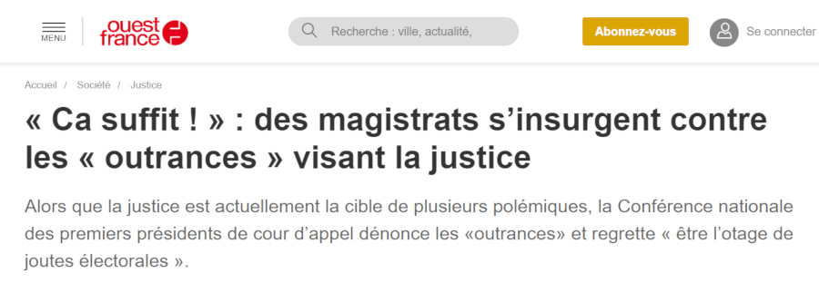 Image : Ouest-France, tribune de hauts magistrats mécontents, 21 mai 2021
