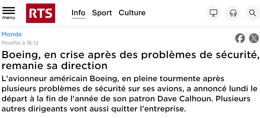 Image : Radio télévision suisse, 25 mars 2024 : Boeing, en crise après des problèmes de sécurité, remanie sa direction