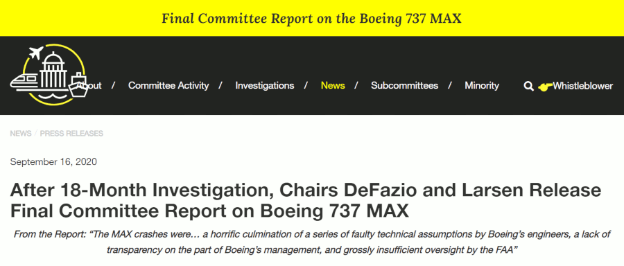 Image : rapport du Congrès des Etats-Unis sur Boeing et la FAA