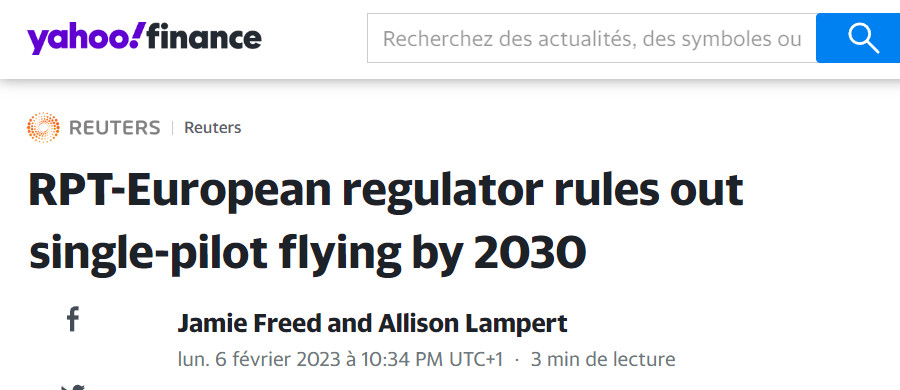 Image : dépêche Reuters, 6 février 2023, sur l'EASA, les pilotes et les automatismes