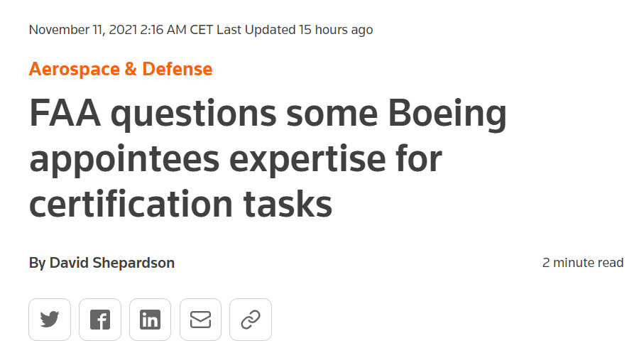 Image : Reuters, 11 novembre 2021 : la FAA remet en question Boeing pour les tâches de certification