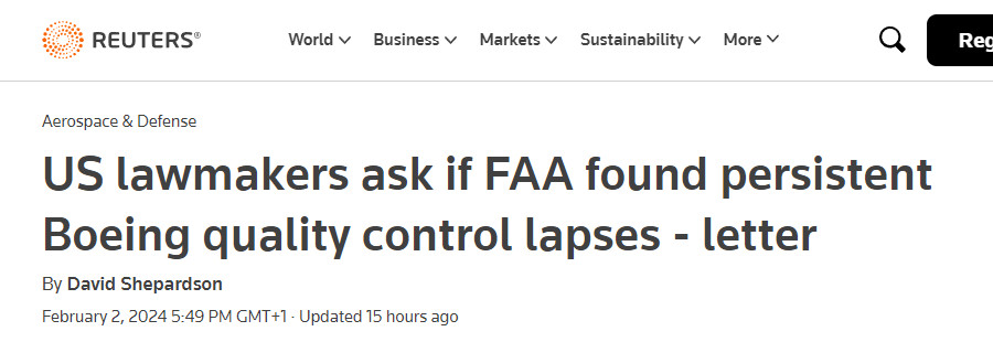 Image : Reuters, 2 février 2024 : le Congrès des Etats-Unis a écrit au régulateur FAA au sujet de Boeing