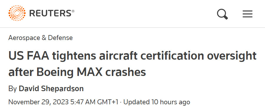Image : Reuters, 29 novembre 2023, sur la FAA américaine qui renforce la surveillance de la certification des avions