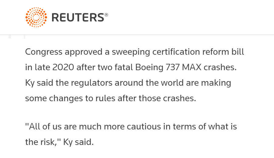 Image : dépêche Reuters du 14 juin 2022 sur Patrick Ky (EASA, sécurité aérienne) et les régulateurs qui deviennent beaucoup plus prudents