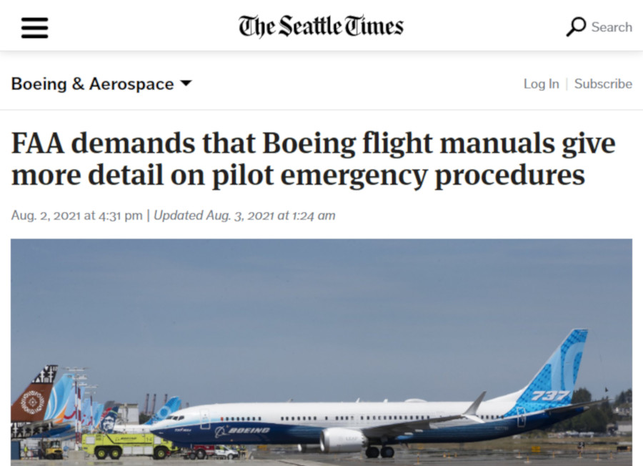 Image : The Seattle Times, 2 août 2021 : demande de la FAA à Boeing concernant les manuels de vol