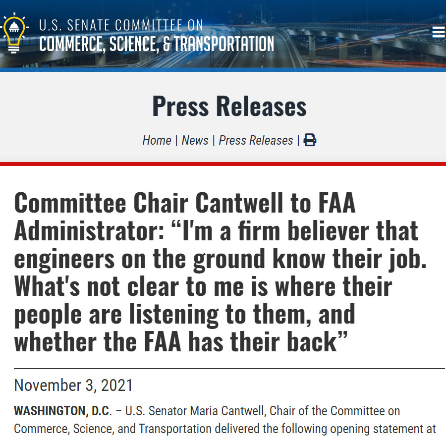 Image : communiqué du Sénat US sur l'audition de Steve Dickson (FAA), 3 novembre 2021