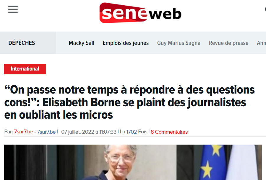 Image : Seneweb (7sur7), 7 juillet 2022, sur Elisabeth Borne et les questions cons des journalistes français